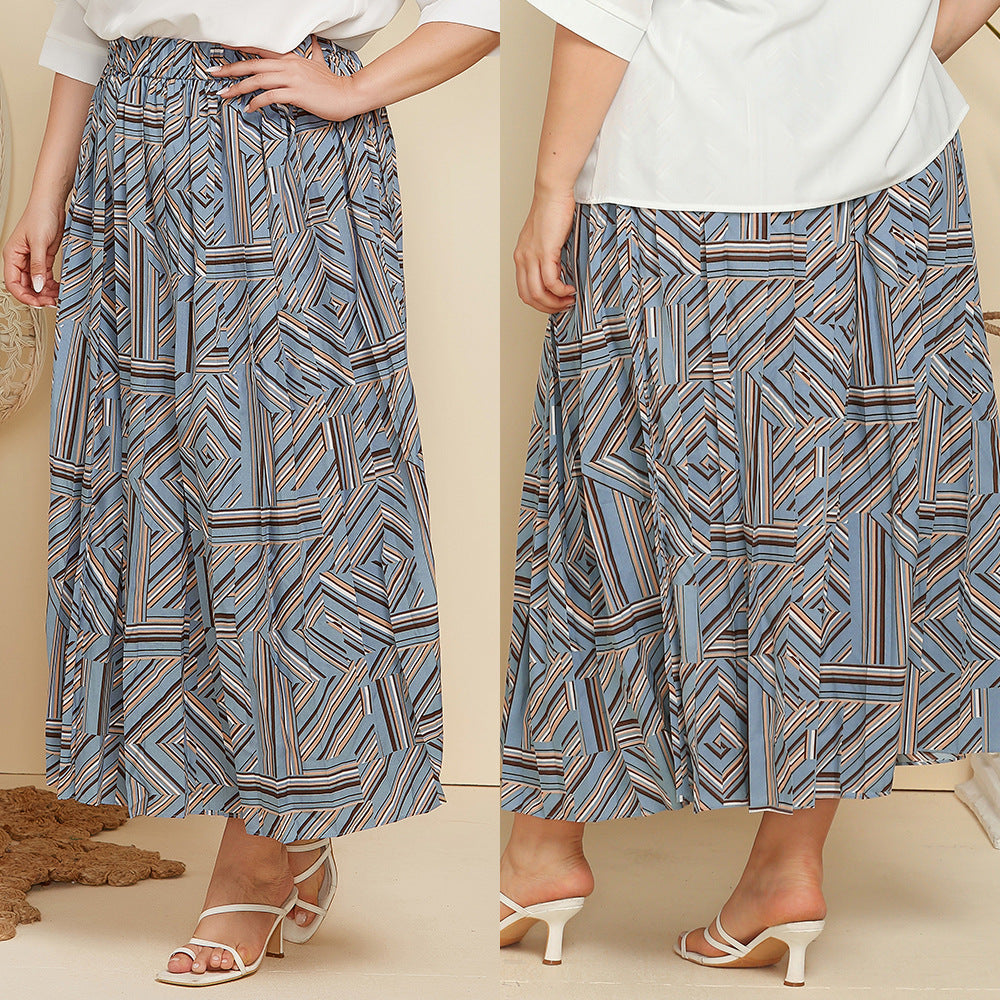 Plus Size Women Geometric Abstract Print Pleated Skirt Loose Maxi Dress