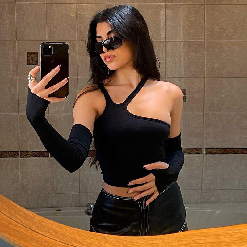 Women Clothing Cropped Strapless Irregular Asymmetric Split Oversleeves Slim Fit Sexy T shirt Women