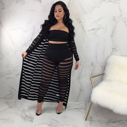 Plus Size Women Clothing Loose Striped plus-Sized Office Pants Three-Piece Set