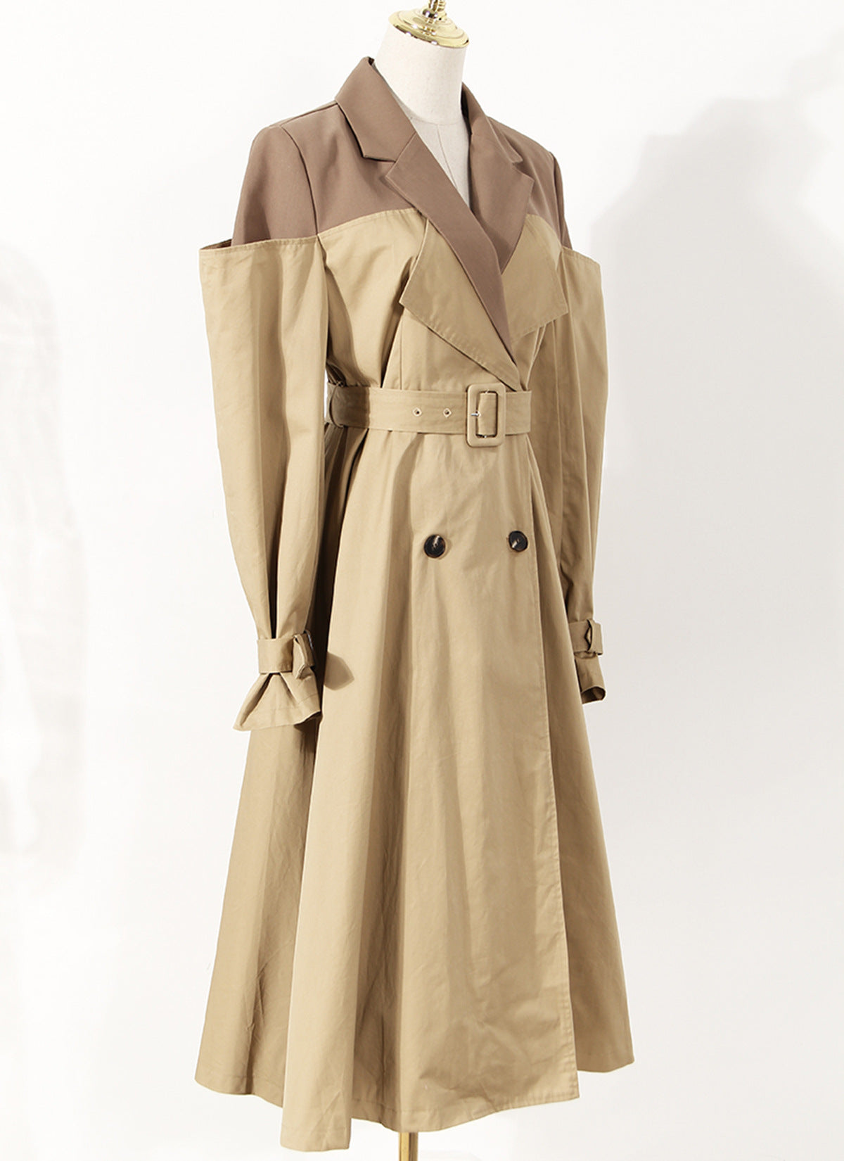 Two Color Knot Collar Trench Coat Women  Mid Length Knee Design Waist Trimming Coat