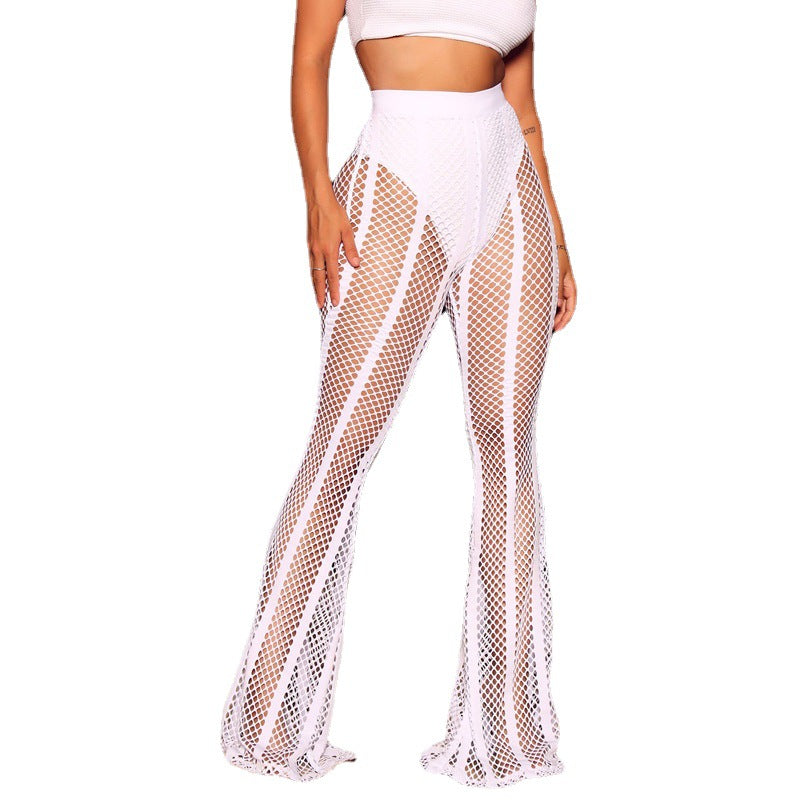 Spring Summer Women  Swimming Trunks Blouse Sexy See through Patchwork Stripes Mesh Mop Trousers