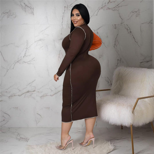 Plus Size Fashion Women Nightclub Uniforms Reverse Car Side Leopard Splicing Contrasting-Color Dress