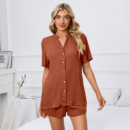 Spring Summer Solid Color V neck Loose Button T shirt Shorts Home Casual Suit