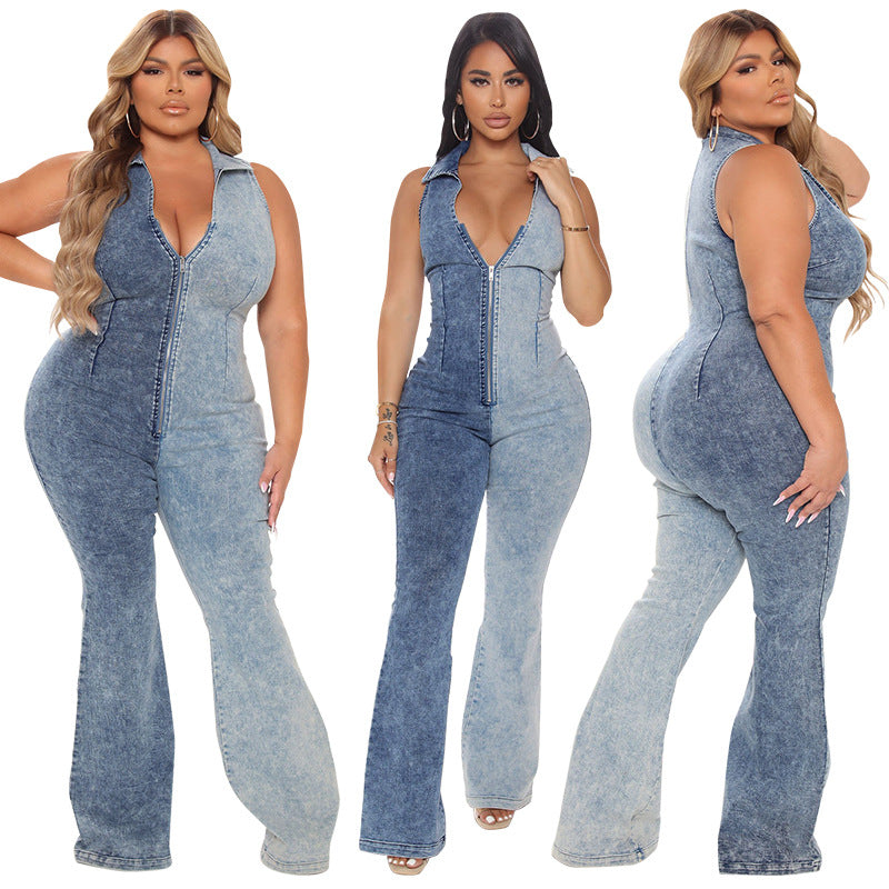 Plus Size Women Clothing New Color Matching Wash Sexy Denim Jumpsuit