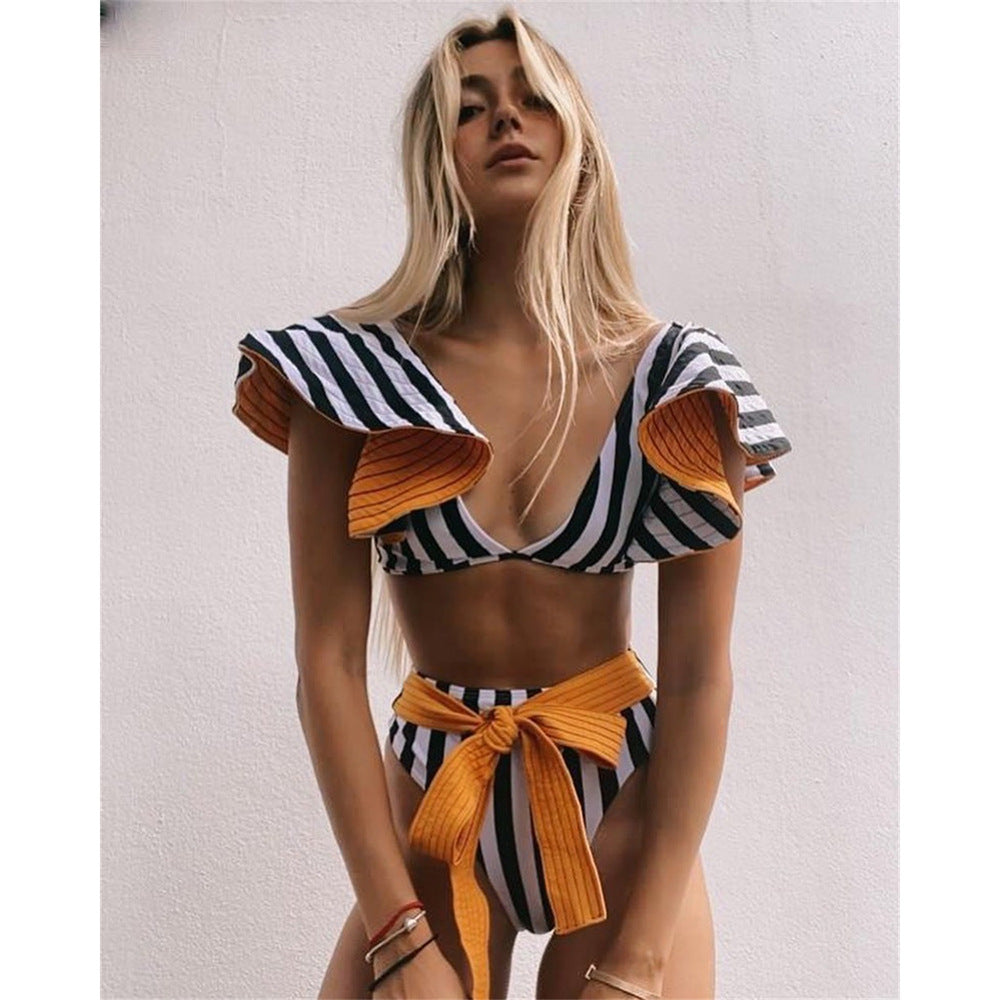 Split Swimsuit Women Bikini Striped Heavy Industry Pressure Line High Waist Bikini Tankini