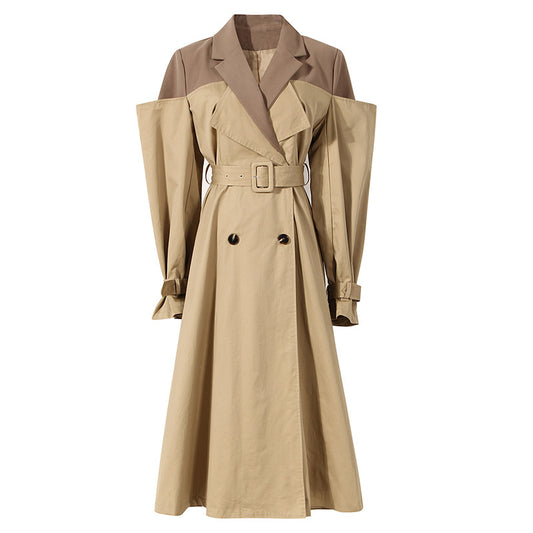 Two Color Knot Collar Trench Coat Women  Mid Length Knee Design Waist Trimming Coat