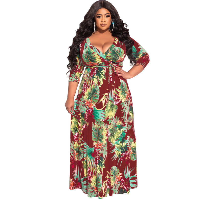 Plus Size Summer Women Floral Leaf Print Loose  Dress with Belt