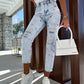 Water Washed Hole Printed Loose Fitting Street Women Jeans