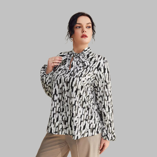 Plus Size Leopard Print Bow Collar Top Women Long Sleeve Shirt
