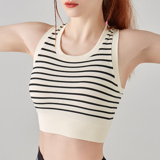 Spring Summer Stripes Sports Underwear with Chest Pad Outer Wear Yoga Bra Fitness Casual Vest Bottoming Shirt for Women