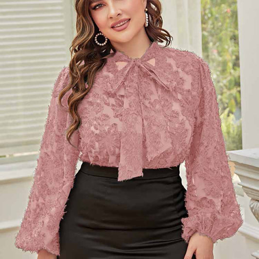 Plus Size Women Lace up Bow Top Long Sleeve Office Loose Middle East Women