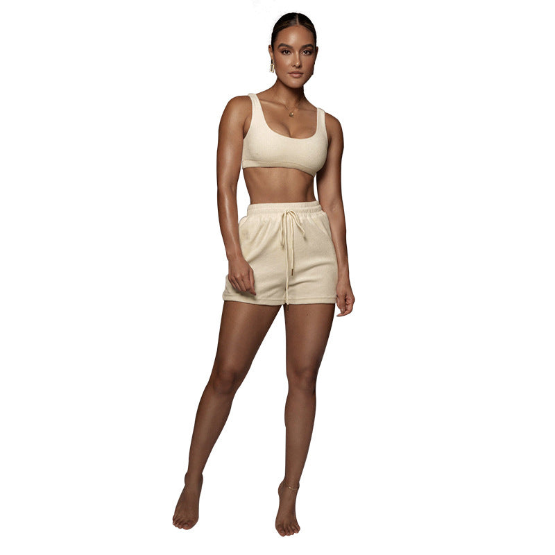 Women Summer Solid Color Cropped Tank Top Shorts Drawstring Two-Piece Sports Casual Set