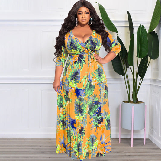 Plus Size Summer Women Floral Leaf Print Loose  Dress with Belt