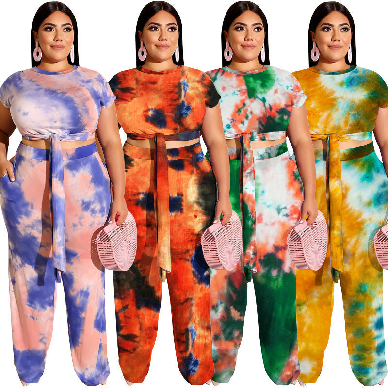 Plus Size Tie-Dye Printed Lace up Casual Set  Women Two-Piece Suit