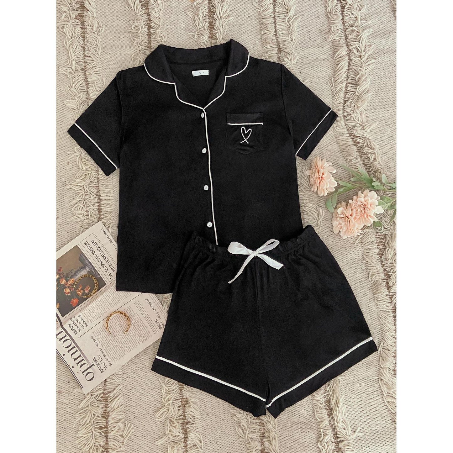 Homewear Costume Cardigan Col Chemise Manches Courtes Short Pyjama Peut Être Porté À L'extérieur