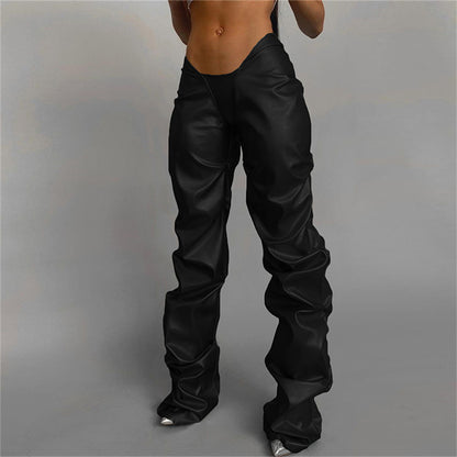 Women Clothing Pleated Poly Urethane Leather Sexy Low Waist Street Straight Casual Trousers