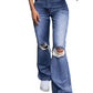 High Waist Retro Stretch Slim Knee Ripped Bell-Bottom Pants New Jeans Women Trousers