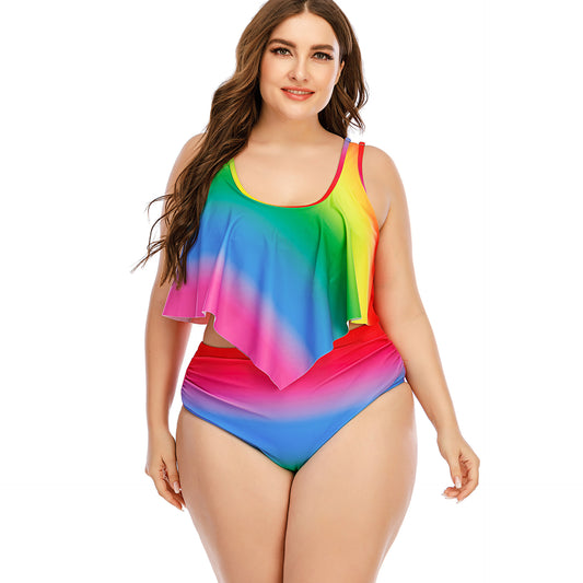 Plus Size Women Polo Split Rainbow Swimsuit