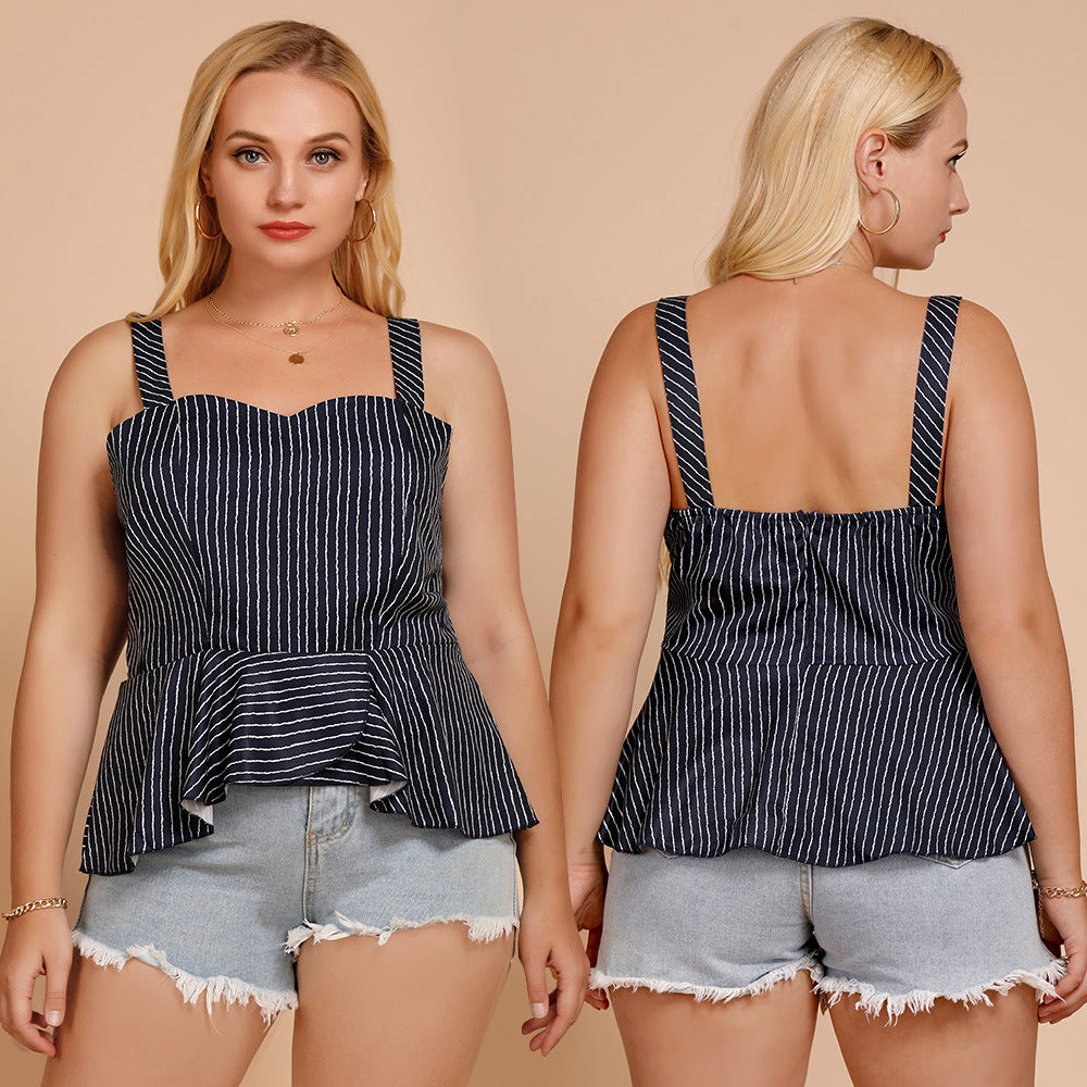 Plus Size Women Clothing Ruffled Striped Wrapped Chest Camisole