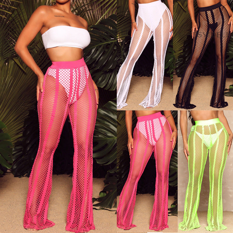 Spring Summer Women  Swimming Trunks Blouse Sexy See through Patchwork Stripes Mesh Mop Trousers