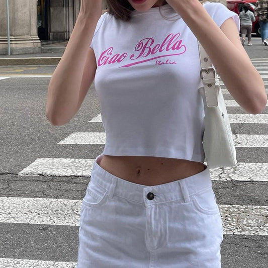 Women Clothing Summer New Celebrity Ciao Bella Short Slim-Fit Short-Sleeved T shirt for Women