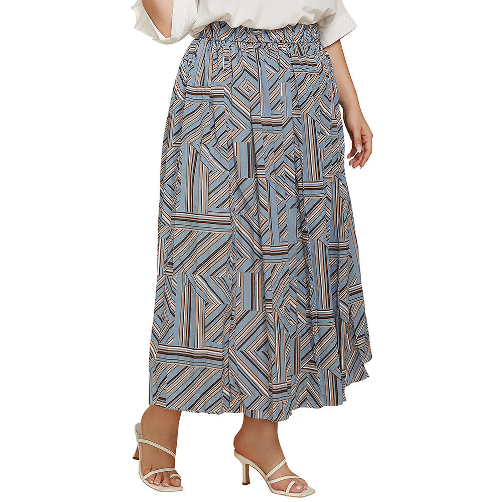 Plus Size Women Geometric Abstract Print Pleated Skirt Loose Maxi Dress