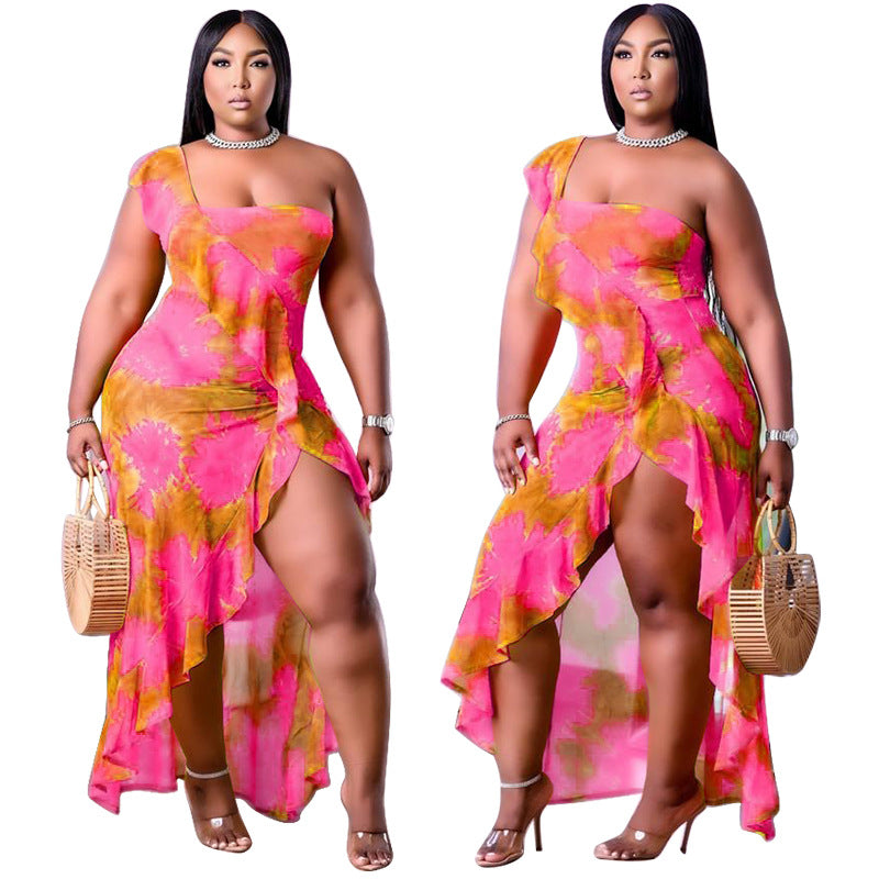 Plus Size Women Clothing Summer Single Sleeve Irregular Asymmetric Printed Flounced Skirt Edge Dress