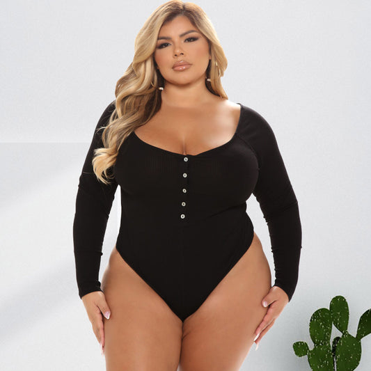Plus Size Women Clothing Sping U Collar Breasted Long Sleeve Sexy  Jumpsuit