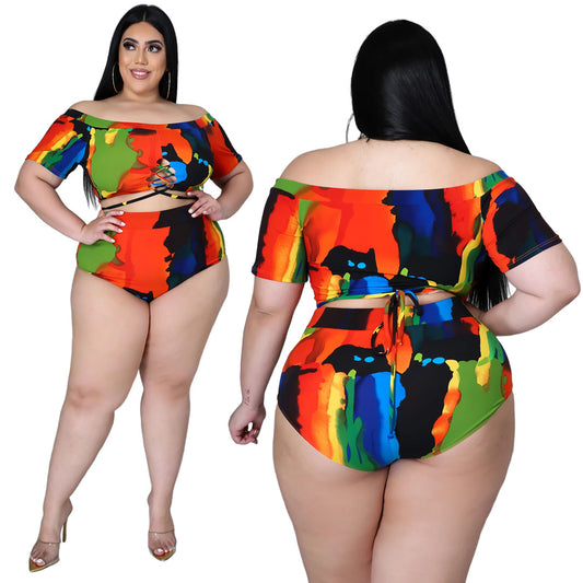 Plus Size Women Sexy Print Strap off-Shoulder Swimsuit Suit