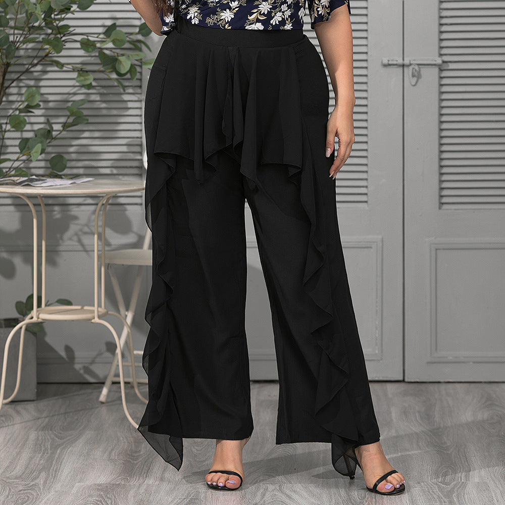 Plus Size Spring Women Clothing Solid Color Chiffon Ruffled Stitching Trousers Casual