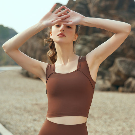 Outdoor Sports Skin-Friendly Cool Feeling Faux Two Piece Square Collar Double Shoulder Strap Split Stitching Breathable High Rebound Yoga Vest Women