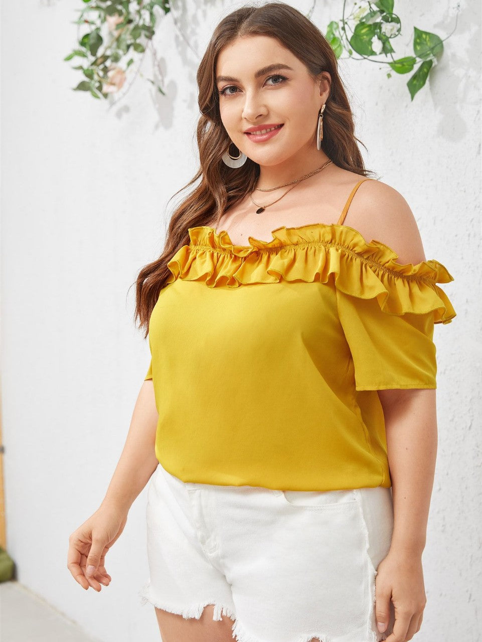 Plus Size Summer Loose Chiffon Yellow Pullover Boat Neck Solid Color Three-Quarter Length Sleeve Long Sleeve Office Chiffon Shirt