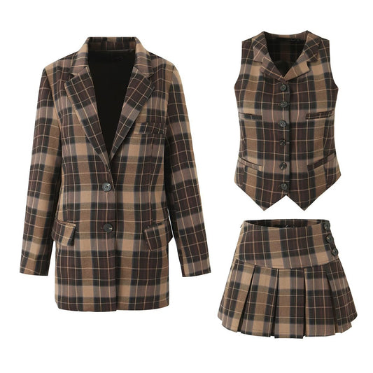 Autumn Single Breasted Blazer Collared Vest Plaid Mid Length Three Piece Skirt Set