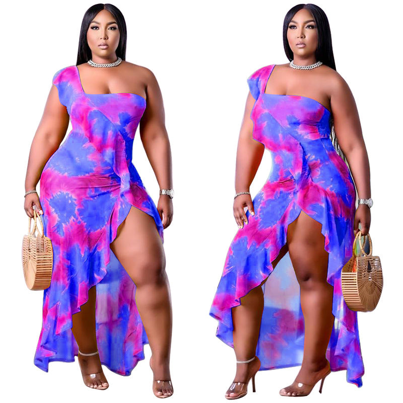 Plus Size Women Clothing Summer Single Sleeve Irregular Asymmetric Printed Flounced Skirt Edge Dress