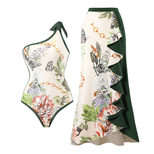 Women Swimsuit Elegant Printed Stitching Contrast Color Beach Sun Protection Skirt Shoulder Two Piece Swimsuit