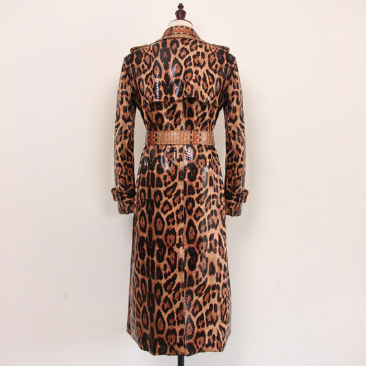 Goods Snakeskin Leopard Print Long Trench Coat Goddess Long Sleeve Leather Jacket Women  Overcoat