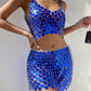 Sexy Fishnet Rhinestone Halterneck with Suspenders Hollow Out Vest Skirt Women