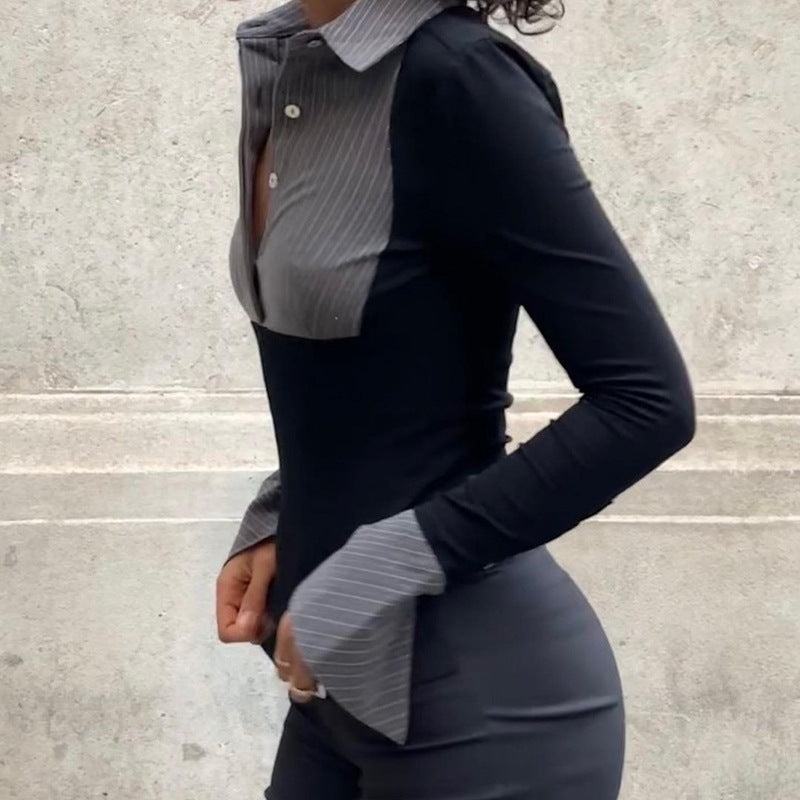 Women Clothing Autumn Polo Collar Stripes Contrast Color Slim Fit All Matching Long Sleeve Top Women
