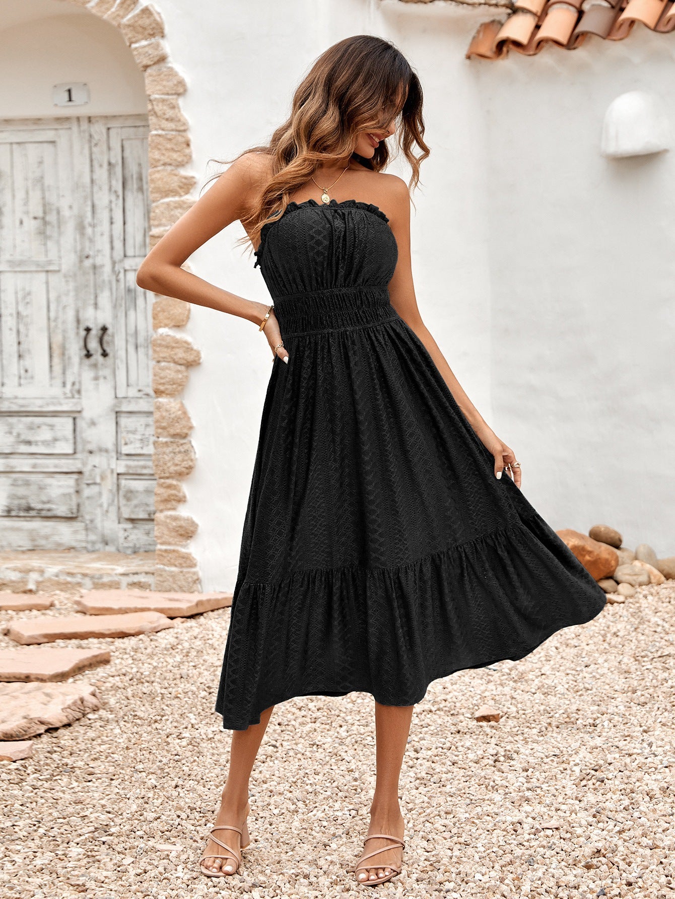 Women Clothing Casual Solid Color Chest Cover Waist Dress Women