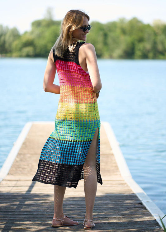 Knitted Rainbow Bar Beach Cover up Sexy Strap Dress Vacation Skirt Beach Cover Up