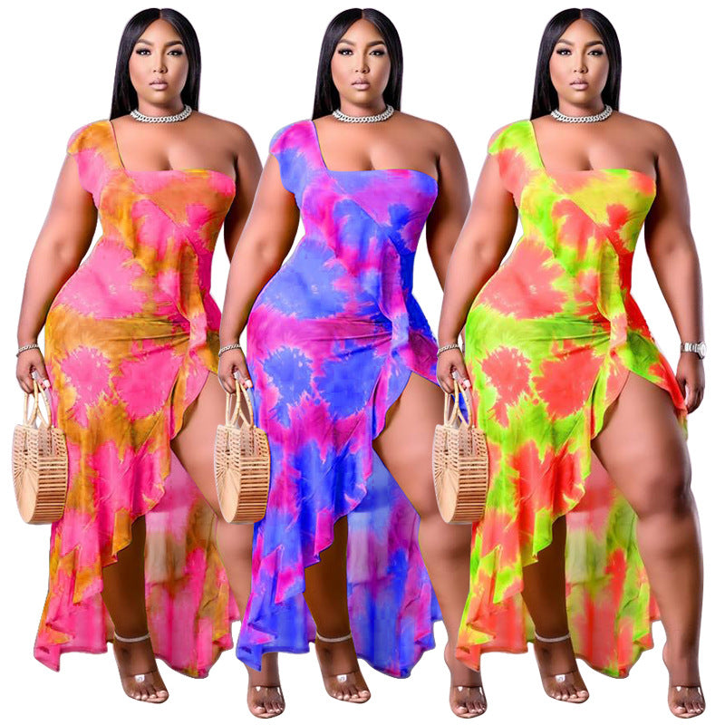 Plus Size Women Clothing Summer Single Sleeve Irregular Asymmetric Printed Flounced Skirt Edge Dress