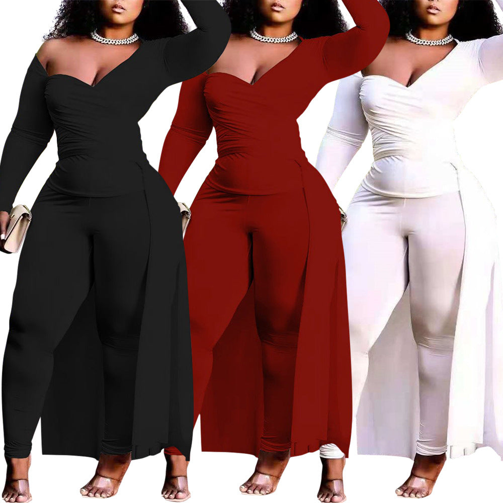 Plus Size Sexy Casual Wrapped Chest Irregular Asymmetric Blouse Pants Solid Color Two-Piece Set