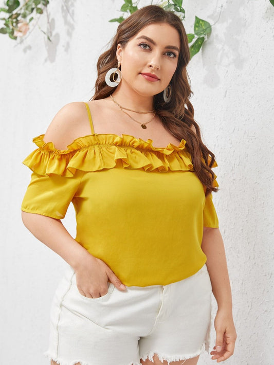 Plus Size Summer Loose Chiffon Yellow Pullover Boat Neck Solid Color Three-Quarter Length Sleeve Long Sleeve Office Chiffon Shirt