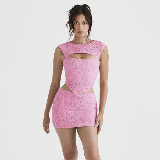 Women Sleeveless Hollow Out Cutout  Cropped Top Skinny Sheath Skirt Outfit Women  Two Piece Set