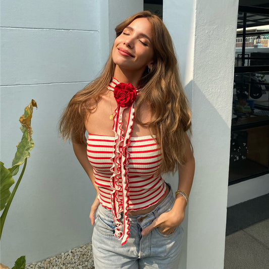 Striped Halter Spaghetti Straps Vest Women French Inner Three Dimensional Rose Spring Summer Outer Wear Short Bottoming Sexy Top