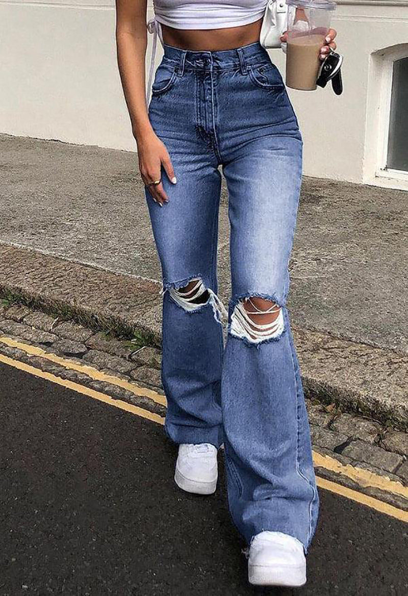 High Waist Retro Stretch Slim Knee Ripped Bell-Bottom Pants New Jeans Women Trousers