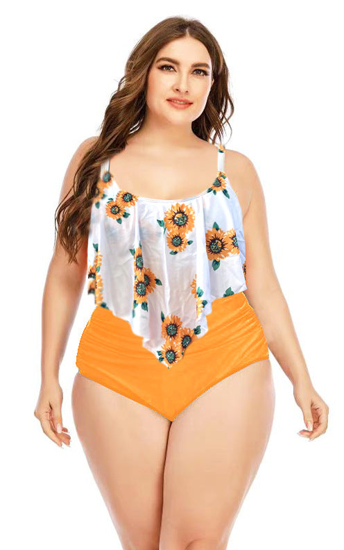 Plus Size Swimming Color Women  Swimsuit High Waist Print Bikini Split
