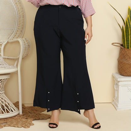 Plus Size Women Clothing Beaded Casual Wide-Leg Pants Pocket Solid Color Trousers