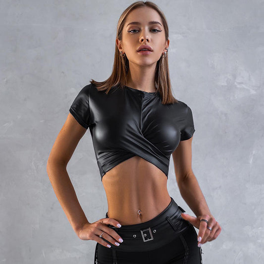 Round Neck Short Sleeve Wrapped Chest Exposed cropped Short All-Match Street Faux Leather Top for Women Women Clothing