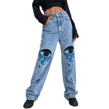 Abbigliamento donna Pantaloni in denim a gamba dritta stampati personalizzati sexy a vita alta